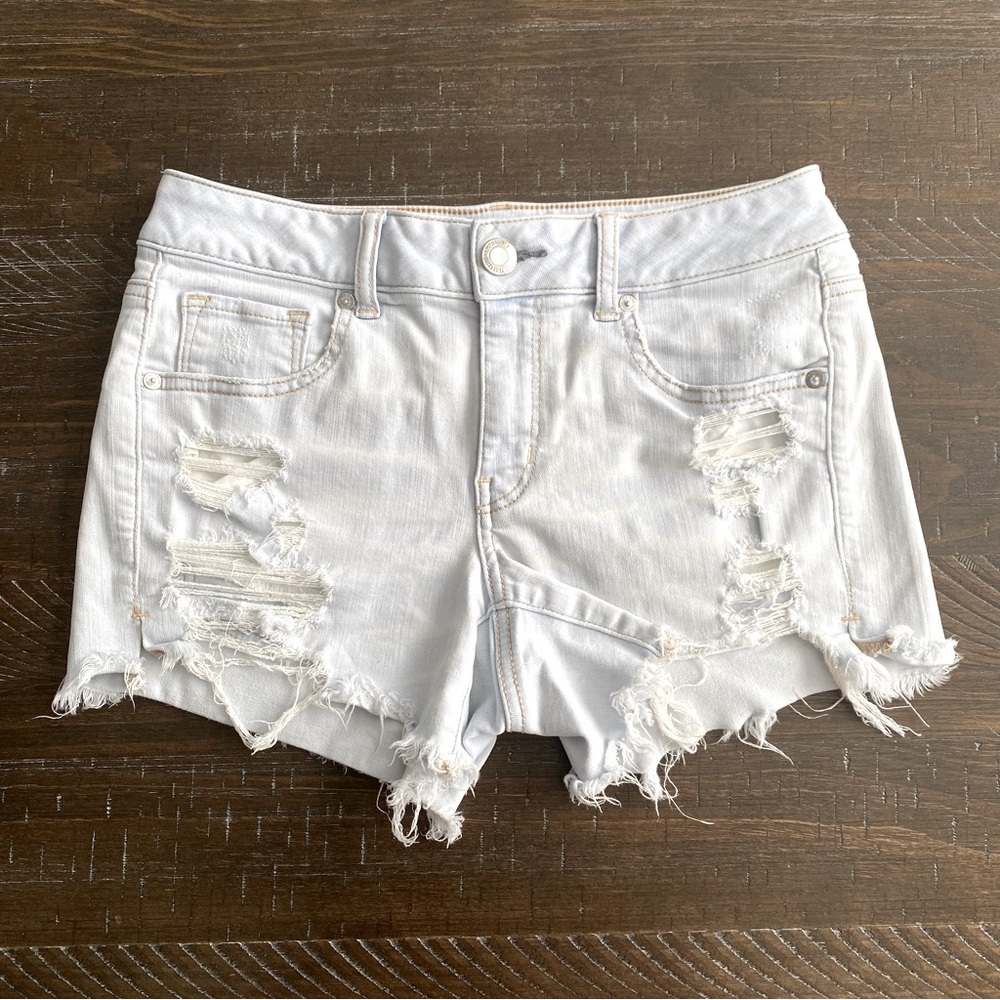 American Eagle Outfitters Super Super Stretch Light Wash Super Distressed Shorts